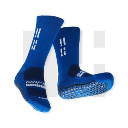 Pair of blue crew socks by Grip Star Socks.