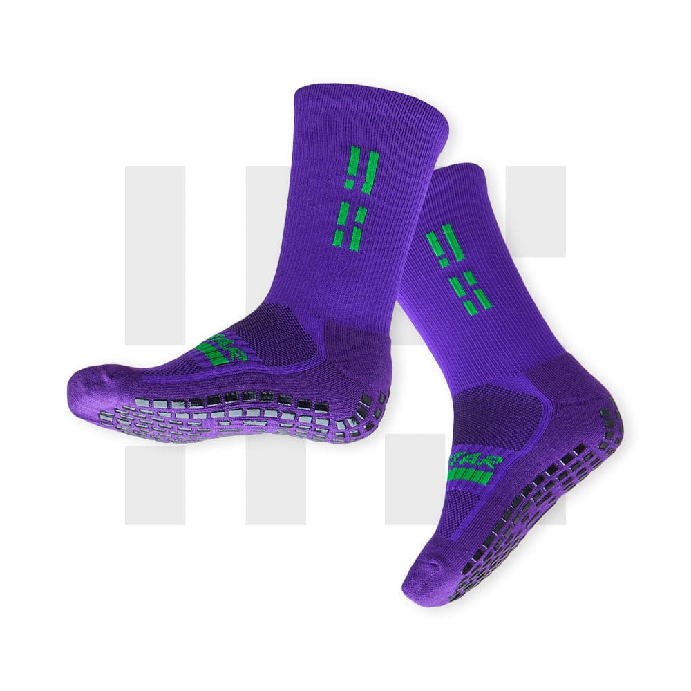 Pair of purple crew socks by Grip Star Socks.