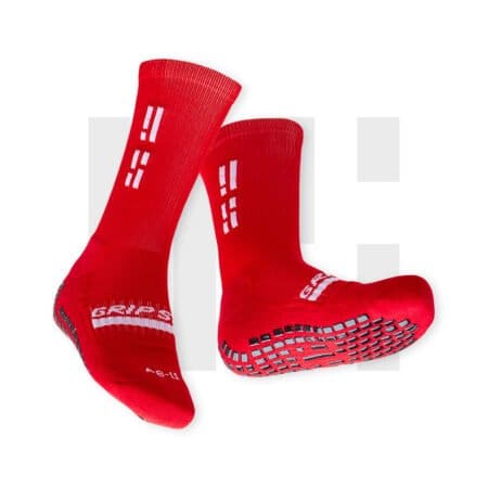 Pair of red crew socks by Grip Star Socks.
