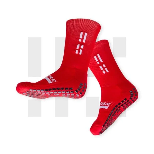 Pair of red crew socks by Grip Star Socks.