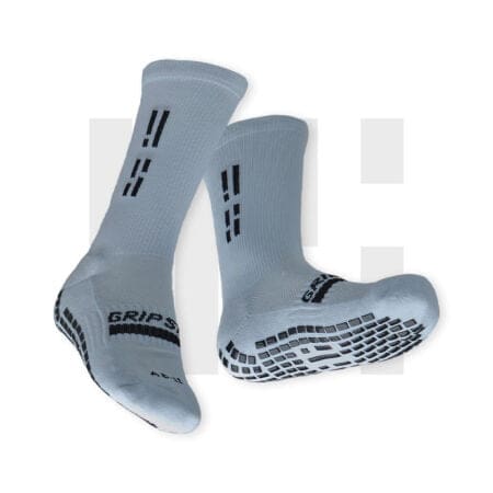 Pair of grey crew socks by Grip Star Socks.