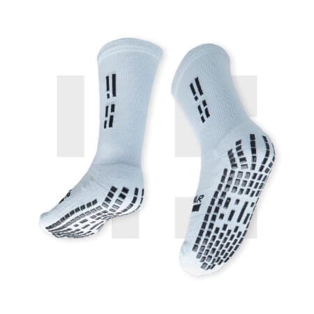 Pair of white crew socks by Grip Star Socks.