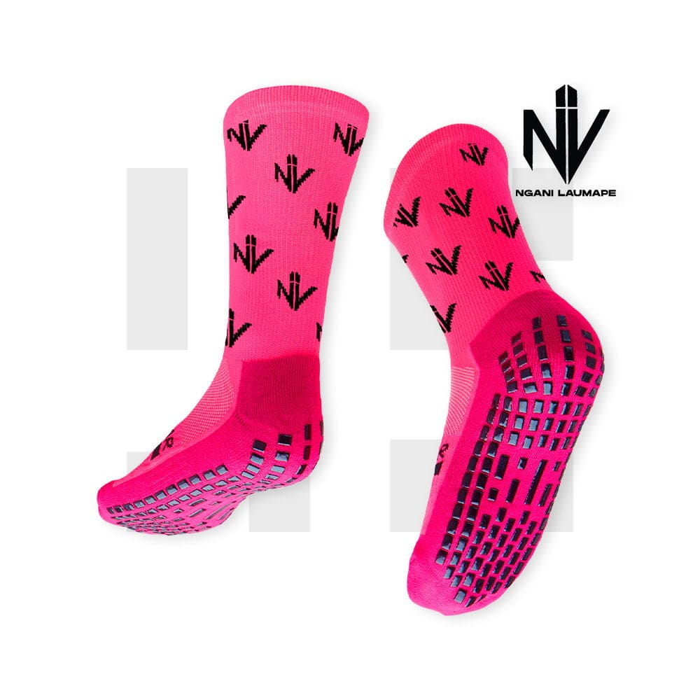 Pair of Ngani Laumape pink crew socks by Grip Star Socks.