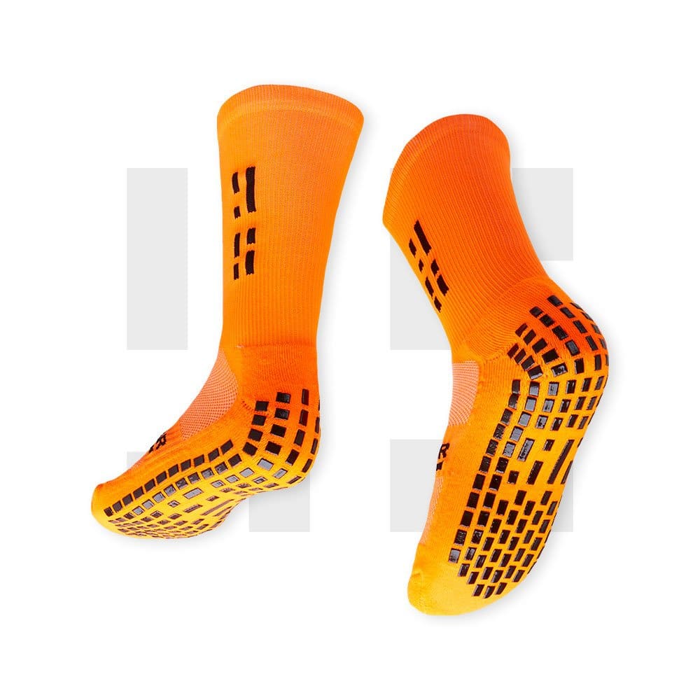 Pair of orange crew socks by Grip Star Socks.